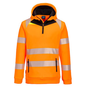 Portwest Narancs/Fekete DX4 Hi-Vis 1/4 zippzáras kapucnis pulóver DX482OBR